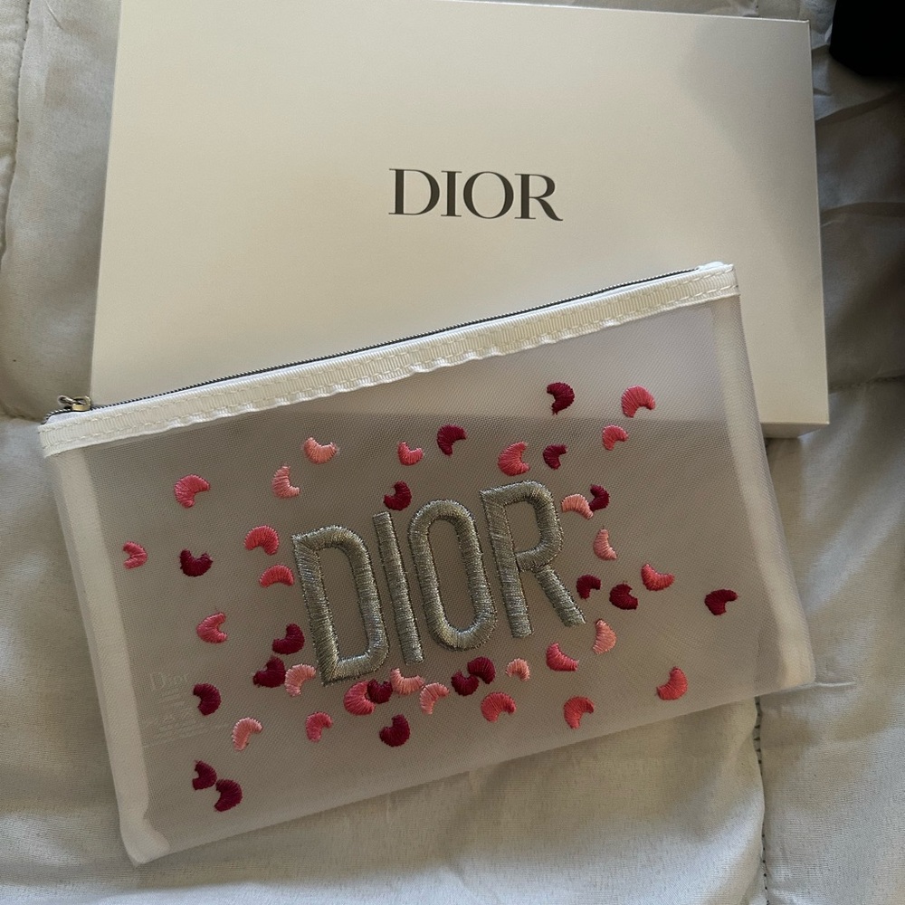 Dior White and Pink Embroidered Pouch